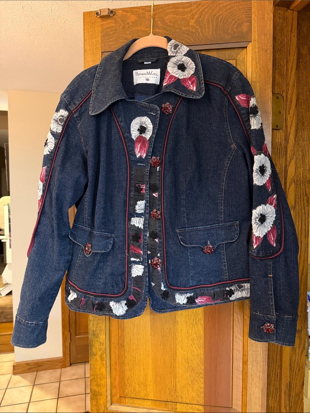 Pamela McCoy Dark Denim Jacket with White & Pink Floral Embroidery